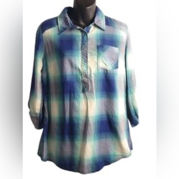 Arizona Jean Company Sz XL Plaid blue/white ombré 3/4 sleeve pullover Blouse - Picture 6 of 6